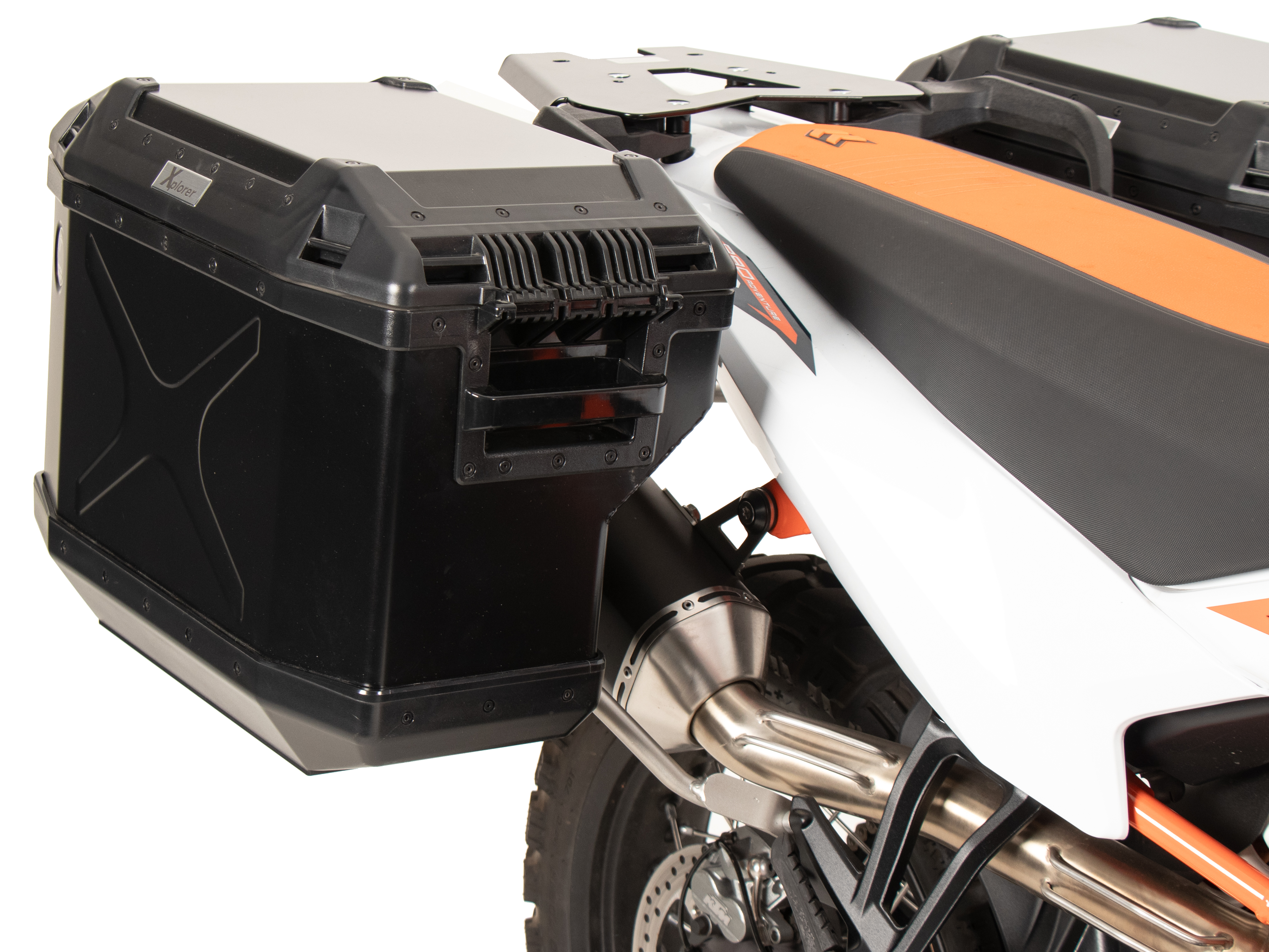 Side carrier cutout stainless steel incl. Xplorer sideboxes black for KTM 890 Adventure / R / Rally (2023-)